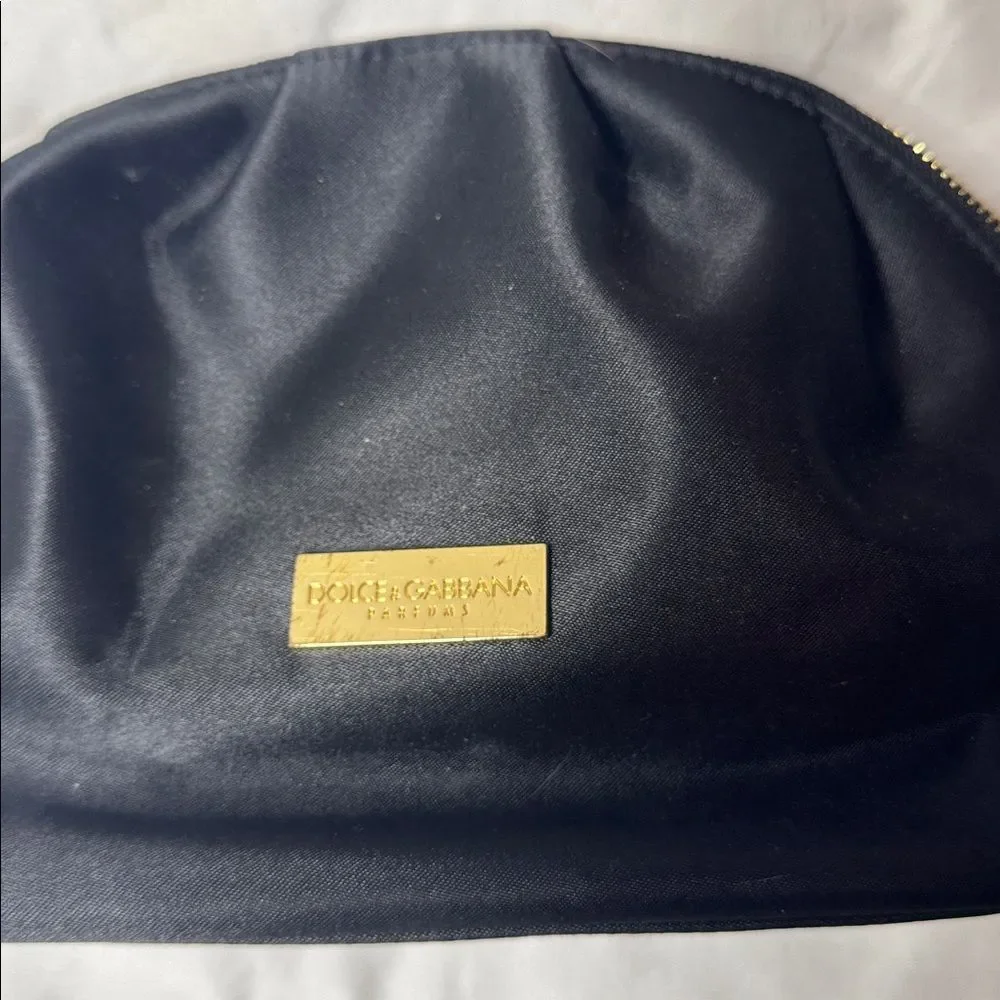 Dolce And Cabbana Black Satin Cosmetic Pouch with Gold Plaque